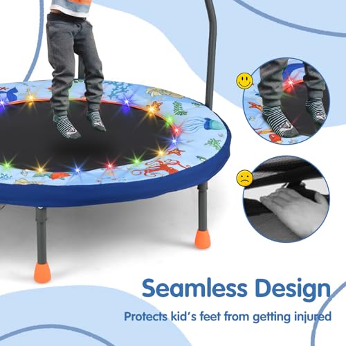 Goplus Foldable Toddler Trampoline for Kids, 36'' Recreational Mini Trampoline w/20 LED Lights, Foam Handle, Padded Safety Cover, Indoor Outdoor Exercise Rebounder for Boys Girls Aged 3-6 - style: Baby Blue-Ocean