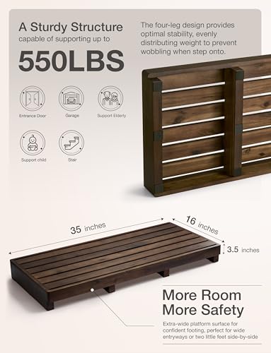 One Step Stool for Elderly (35" Length) - Acacia Wood High Riser Step Stool with Non-Slip Pads - 550 Lbs Wooden Mobility Stepping Stools for Handicap, Bed, Bathroom, Kitchen (Walnut) (Patented) - color: Walnut