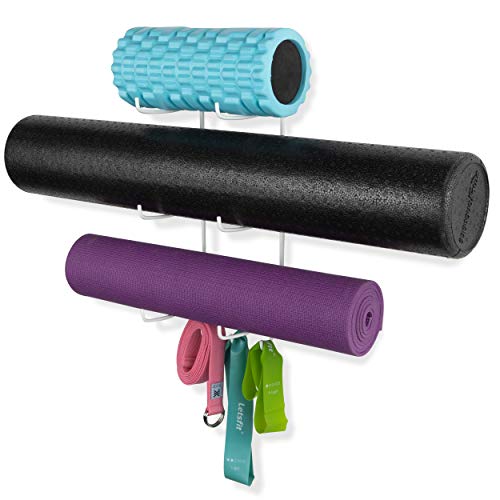 Wallniture Guru Yoga Mat Holder Wall Mount with 3 Hooks for Hanging Yoga Strap, Resistance Bands, 5-Sectional Metal