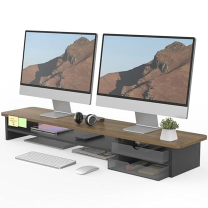 Fenge Monitor Stand, Desk Computer Riser with Frosted Storage Drawer, Brown - color: Brown