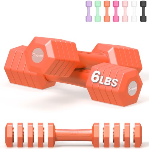 Adjustable Dumbbell Set, 4-in-1 Hand Weights, 5/6 LB Pair for Women Men - color: Orange, style: 12 lbs Pair [6 lbs Each]