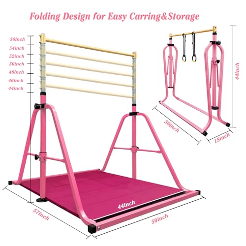 Foldable Gymnastics Kip Bar with Mat and Ring Set,3' to 5' Height Adjustable,Kids Gymnastic Equipment for Ages 3-15,Indoor and Home Training- Max Load 350LBS