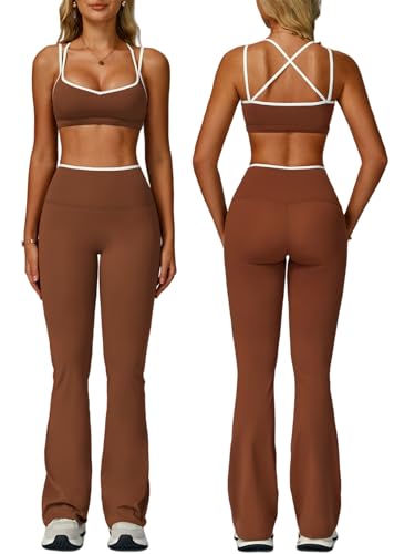 ABOCIW Workout Sets for Women 2 Piece Color Block Strappy Sports Bra High Waist Flare Leggings Gym Yoga Pilates Outfits - color: Brown, size: Large