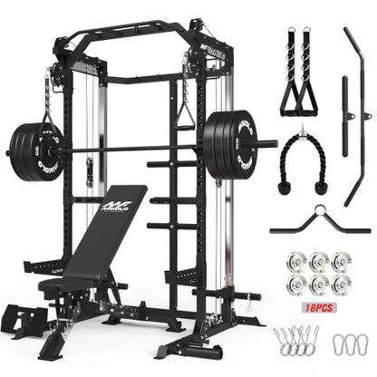 Mikolo HR06 Power Cage with Aluminum Pulleys, 2000LB Power Rack with Independent Dual Pulley System, Multi-Function Home Gym Workout Machine for Cable Crossover