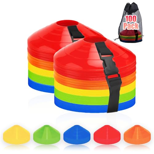 Ashsajkd(Set of 25/50/100 - Agility Soccer Cones with Carry Bag and for ， Football Cones for TrainingFootball, Basketball, Coaching, Agility Cones for Indoor and Outdoor Games - color: C-100 Pack Multi-Color