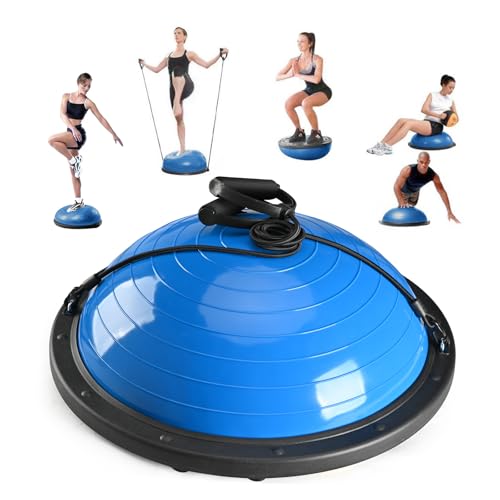 Half Balance Ball Trainer, Half Yoga Exercise Ball with Resistance Bands and Foot Pump, Balance Trainer for Stability Training, Strength Exercise Fitness, Home Gym Workout Equipment - color: Blue