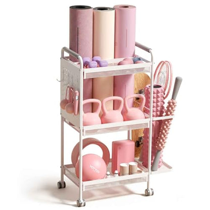 YOTTOY 3-Tier Gym Storage Rack for Home Gym–Multi-Functional Weight Rack, Dumbbell Rack, Yoga Mat Holder with Side Basket & 6 Hooks, Gym Equipment Organizer