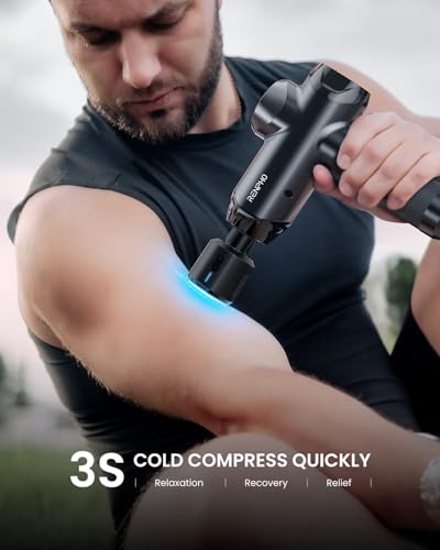 RENPHO Power+ Thermacool Deluxe Massage Gun with Heat and Cold, Fathers Day Dad Gifts, 12mm Amplitude Deep Tissue Percussion Massager with Charging Stand, App Controlled Guided Course, 6 Speeds - color: Tar Black