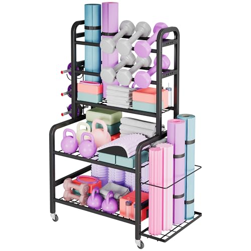 Homeiju Dumbbell Rack, Weight Rack for Home Gym, Yoga Mat Storage Holder with Lockable Wheels, Dumbbell Stand with Hooks, All in One Work out Equipment Storage for Yoga Mat Dumbbell and Balls