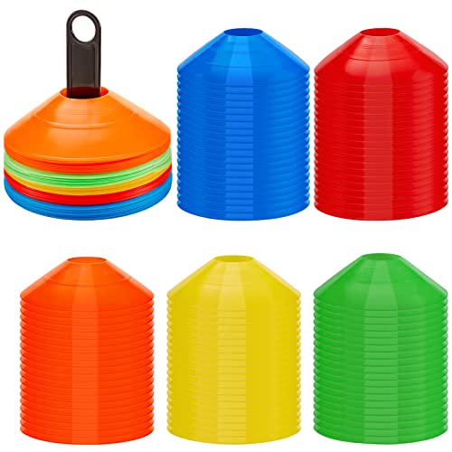 Set of 100 Soccer Cones Disc Cones Soccer Agility Cones Sports Training Cones Multicolor Field Marker Plastic Cones with 2 Holder for Kids Football Basketball Lacrosse Tennis Practice Equipment