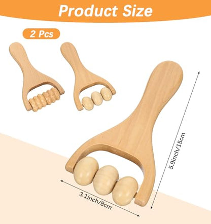 2 Pcs Wooden Massage Roller Handheld Bead Massage Tool for Muscle Relief, Body Care Manual Tool for Neck Back Leg Foot, Handheld 3 Bead Gear Roller for Home Gym Travel