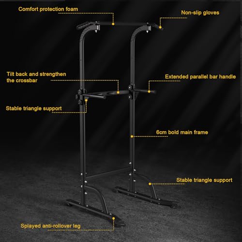 Power Tower Pull Up Bar, Workout Dip Station for Home Gym, Portable Pull-up Bar Station Station with 10 Gears Adjustment, Strength Training Fitness Equipment, Bearing 330LBS Black