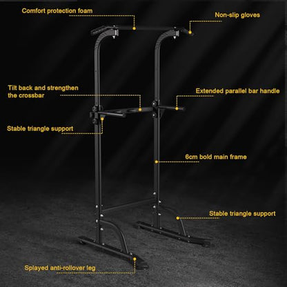 Power Tower Pull Up Bar, Workout Dip Station for Home Gym, Portable Pull-up Bar Station Station with 10 Gears Adjustment, Strength Training Fitness Equipment, Bearing 330LBS Black
