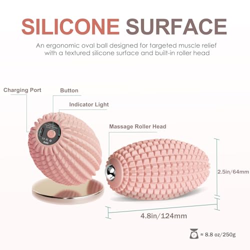 Silicone Vibrating Massage Ball with Rolling Head, 3-Speed Myofascial Massage Roller for Plantar Fasciitis Relief, Hip & Psoas Release, Trigger Point Therapy for Neck, Back, Foot (Pink)