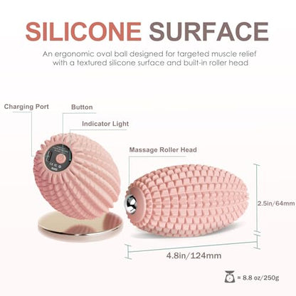 Silicone Vibrating Massage Ball with Rolling Head, 3-Speed Myofascial Massage Roller for Plantar Fasciitis Relief, Hip & Psoas Release, Trigger Point Therapy for Neck, Back, Foot (Pink)