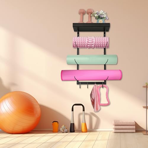 Yoga Mat Holder Wall Mount - 4 Tier Home Gym Storage Rack with Shelf & 5 Hooks, Gym Equipment Organizer & Wall Storage for Workout Room Decor