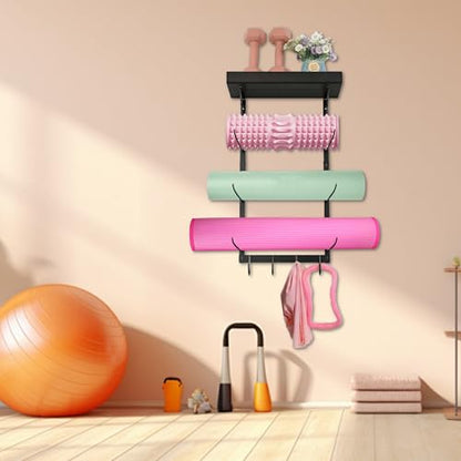 Yoga Mat Holder Wall Mount - 4 Tier Home Gym Storage Rack with Shelf & 5 Hooks, Gym Equipment Organizer & Wall Storage for Workout Room Decor