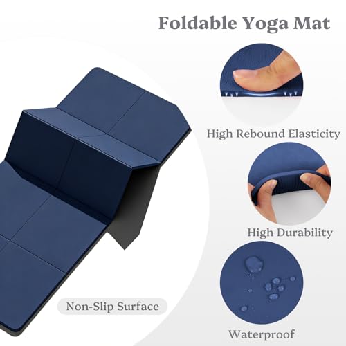 Foldable Yoga Mat Non Slip, Pilates Fitness Mats, 72" x 24" Extra Width ＆ Thick, Anti-Tear Exercise Mat with Carrying Strap and Bag, Workout Mats for Stretching,Yoga Studio,Gym or Home Workouts