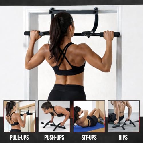 3-in-1 Pull Up Bar for Doorway – Multi-Function Home Gym with Push-Up Handles & Ab Straps, Heavy Duty Steel Chin-Up Bar, No-Screw Door Frame Workout Equipment for Pull-Ups, Dips, Sit-Ups
