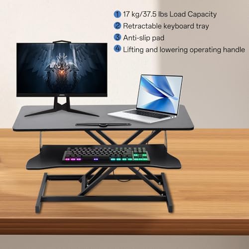 Adjustable Standing Desk Converter – 37" Wide, for Two Monitors with Keyboard Tray, Manual Gas Spring Sit Stand Desk Converter Lifts to 18.5", Black