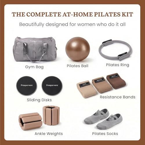 Premium 12pc Pilates Kit – 15 inch Pilates Ring and Ball Set w/ 1lbs Ankle Weights, Fabric Resistance Bands, Sliders, Yoga Socks & Gym Bag – Pilates Workout, Home Gym Equipment Accessories - color: Mocha Drive (Brown/Gray)