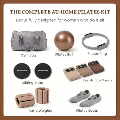 Premium 12pc Pilates Kit – 15 inch Pilates Ring and Ball Set w/ 1lbs Ankle Weights, Fabric Resistance Bands, Sliders, Yoga Socks & Gym Bag – Pilates Workout, Home Gym Equipment Accessories - color: Mocha Drive (Brown/Gray)