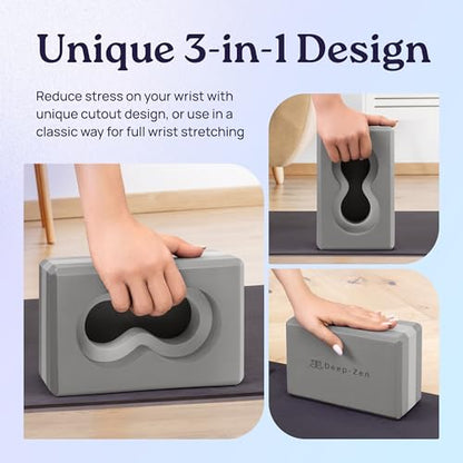 Deep-Zen® Yoga Blocks Wrist Support; Yoga Blocks 2 Pack with Knee Pads and Strap to Put Less Weight on Wrists; Durable, Versatile Yoga Brick Exercise Block Set, Blocks Yoga - color: Grey
