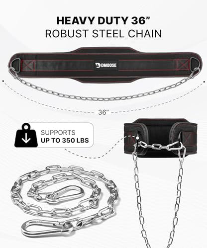 DMoose Fitness Dip Belt for Weight Lifting, Pullup, Squats & Dips - 36" Robust Steel Chain, Comfortable Neoprene Padding Supports 350lbs - Gym Weight Belt for Strength Training Workout & Weightlifting
