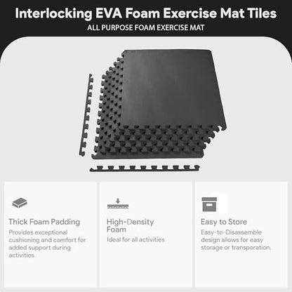 BalanceFrom Puzzle Exercise Mat 1/2" Thick, EVA Interlocking Foam Floor Tiles for Home Gym, Mat for Home Workout Equipment, Floor Padding for Kids, Black, 24 in x 24 in x 1/2 in, 24 Sq Ft - 6 Tiles