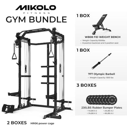 Mikolo HR06 Power Cage with Aluminum Pulleys, 2000LB Power Rack with Independent Dual Pulley System, Multi-Function Home Gym Workout Machine for Cable Crossover