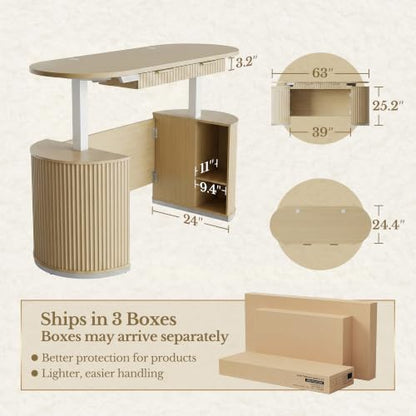 Electric Standing Desk with Storage Drawers, 63'' Executive Height Adjustable Desk with Privacy Panel and Shelves, Wood Fluted Computer Desk for Home Office, Light Walnut