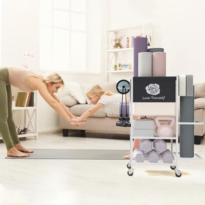 Multi-Functional Home Gym Storage Rack,All-in-One Weight Rack,Yoga Mat Foam Rollder Holder with Wheels and Side Holder - color: White