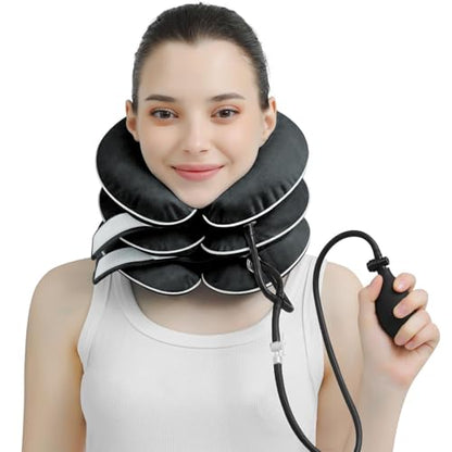 Cervical Neck Traction Device for Neck Pain Relief - Inflatable Neck Stretcher Collar for Decompression - Best Home Use Neck Brace Pump (Black Plush) - color: P. Black