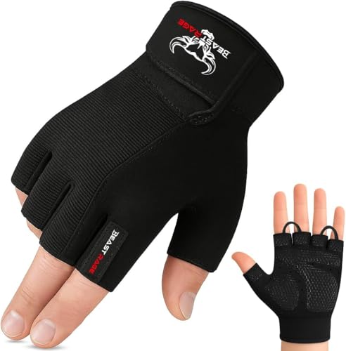 BEAST RAGE Workout Gloves for Men, Durable Palm Grip Gym Gloves Women Half Finger Elasticated Training Weight Lifting Strength Bodybuilding Anti Slip Cycling Gloves Exercise - color: Jet Black, size: Medium