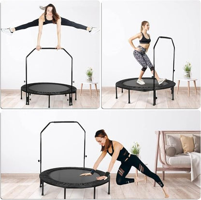 40'' Fitness Trampoline with 4 Levels Height Adjustable Foam Handle, Foldable Mini Rebounder for Adults Home Indoor Workout, 6-Leg Exercise Trampoline, Max Load 330lbs - color: Black without Handle