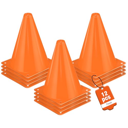 12pcs Cones 7 Inch Soccer Cones and Plastic Traffic Cones, Durable Cones for Sports Training, Ideal for Soccer, Basketball, Football, Skating, and Agility Drills Practice