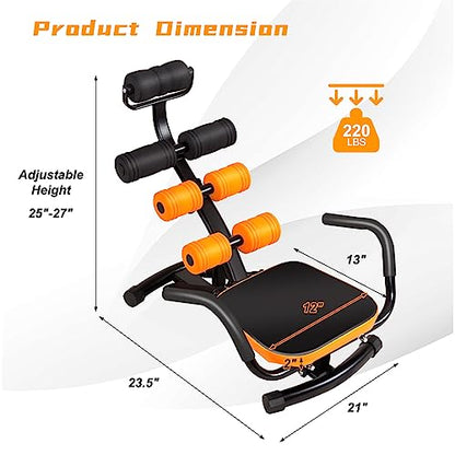 Ab Workout Machine, Height Adjustable Ab Rocker Trainer w/Ergonomic Curved Back, Cushioned Seat, Strong Spring Boost for Core Strength Training, Compact Sit Up Machine for Home Gym