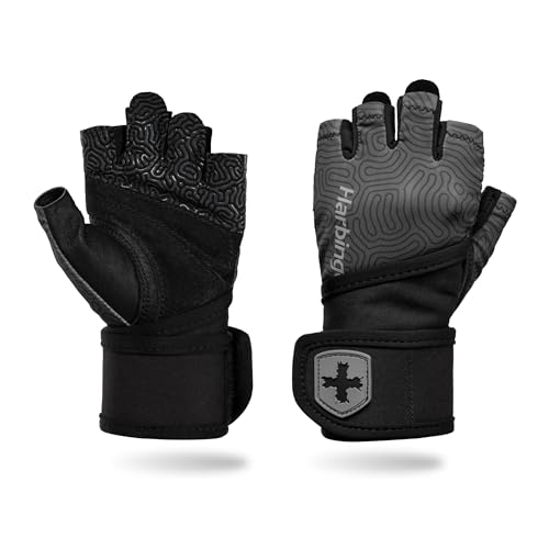 Harbinger Pro Wristwrap Gloves 3.0 - Enhanced Grip, Superior Wrist Support, Breathable 4-Way Stretch Lycra, Durable Leather Palm, Half-Finger Design for Weightlifting, Fitness Training, Women's - color: Carbon, size: Large