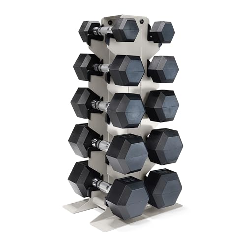 CAP Dumbbell Set with Rack, Rubber Coated Hex Free Weight Set | 100–300 lb Options, Vertical Space-Saving Storage for Home Gym Strength Training - size: 150 lb Set - Light Gray Rack, style: Chrome Handle