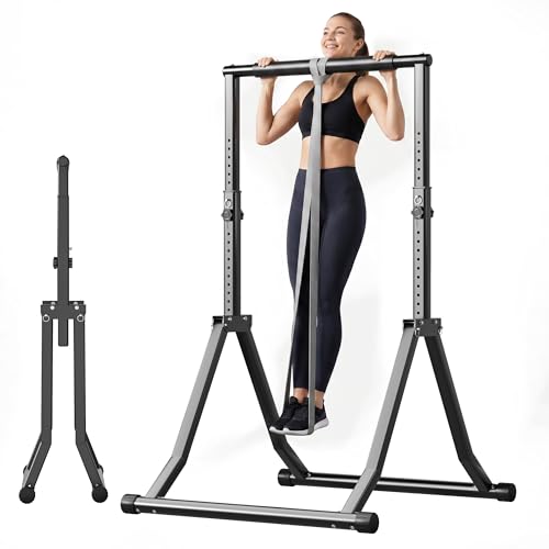 Foldable Power Tower Dip Station for Pull Ups, 66.1"-84.6" 12 Level 700 LBS, Adjustable Dip Handles & Assistance Bands Foldable Home Gym Equipment - color: 66"-85" with Assistance Bands