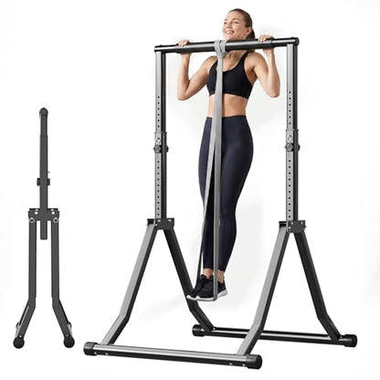 Foldable Power Tower Dip Station for Pull Ups, 66.1"-84.6" 12 Level 700 LBS, Adjustable Dip Handles & Assistance Bands Foldable Home Gym Equipment - color: 66"-85" with Assistance Bands