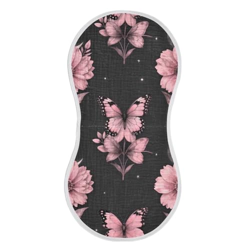 Butterfly Floral Pink Moon Muslin Burp Cloths 1 Pack - Extra Large 22"x11", 4-Layer Soft Absorbent Cotton, Waterproof Backing, Baby Drool Rags for Newborn