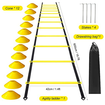 12 Rung Speed Ladder Set 19 7ft Soccer Football Training Ladder with Rung Distance 12 Marker Cones 4 Stakes Boosts Balance Speed Strength Coordination