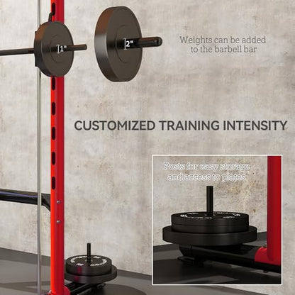 Soozier Squat Rack with Pull-Up Bar, Adjustable Power Rack with Barbell Bar, Multi-Functional Steel Bench Press Rack for Home Gym Strength Training, Black - color: Red