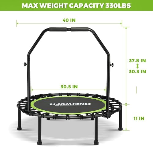 ONETWOFIT Foldable Rebounder Trampoline for Adults, 40/45” Mini Fitness Trampoline W/Adjustable Foam Handle Bungees, Quiet Exercise Trampoline for Personal Indoor Workout - size: 40inch