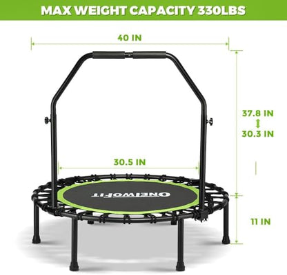 ONETWOFIT Foldable Rebounder Trampoline for Adults, 40/45” Mini Fitness Trampoline W/Adjustable Foam Handle Bungees, Quiet Exercise Trampoline for Personal Indoor Workout - size: 40inch