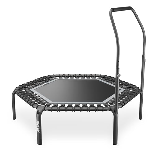 ACON FIT 55" Hexagon Mini Trampoline with Handle - Active Handlebar Excercise Trampoline for Adults, Indoor Cardio & HIIT Fitness Rebounder, 48 Bungee Cords, Adjustable Bar, 300 lb Capacity