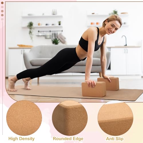 Seenelling 7 Pcs Cork All in One Yoga Essentials Kit Large Cork Yoga Mat and Blocks Set with Carry Strap and Alignment Lines 2 Pcs Massage Balls 10ft Stretch Strap for All Levels
