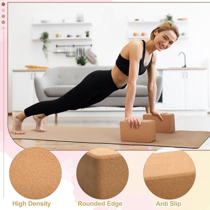 Seenelling 7 Pcs Cork All in One Yoga Essentials Kit Large Cork Yoga Mat and Blocks Set with Carry Strap and Alignment Lines 2 Pcs Massage Balls 10ft Stretch Strap for All Levels