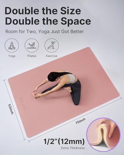 YOTTOY Large Yoga Mat (75 * 52 * 1/2inch),Extra Wide TPE Exercise Mat,Non-Slip Workout Mat for Pilates, Fitness, Barefoot, Home Gym Studio with Strap and Towel